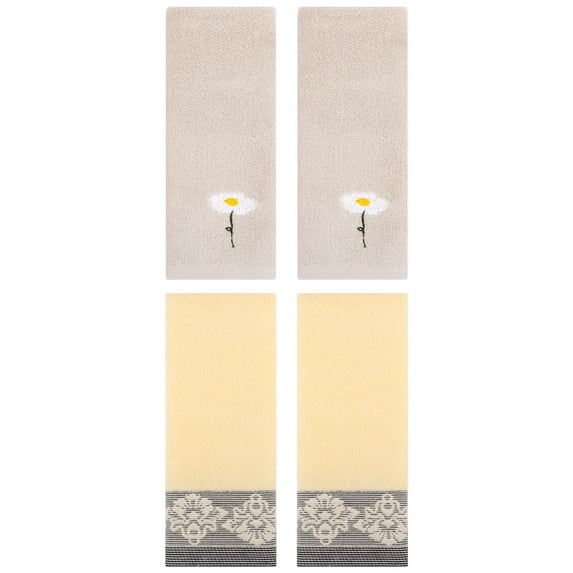 Unique Bargains 4 Pcs Absorbent Floral Hand Towels Light Brown/Yellow 13" x 30"/13" x 29"