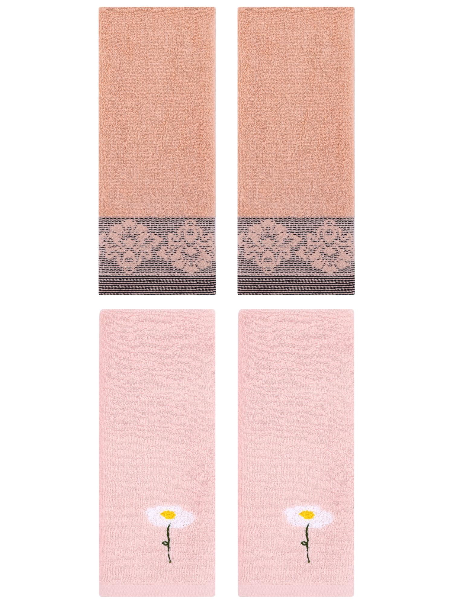 Unique Bargains 4 Pcs Absorbent Floral Hand Towels Pink/Brown 13" x 30"/13" x 29"