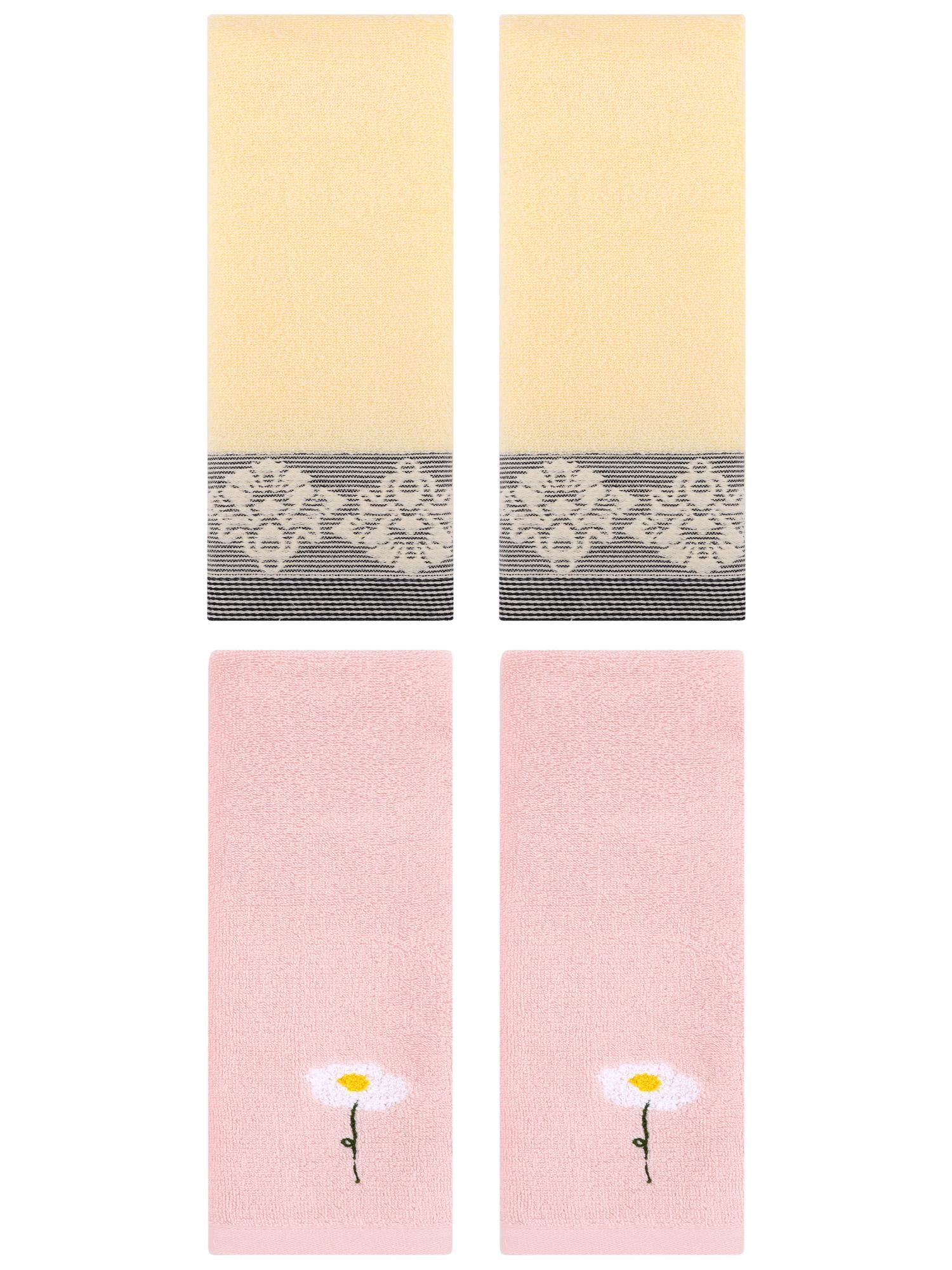 Unique Bargains 4 Pcs Absorbent Floral Hand Towels Pink/Yellow 13" x 30"/13" x 29"