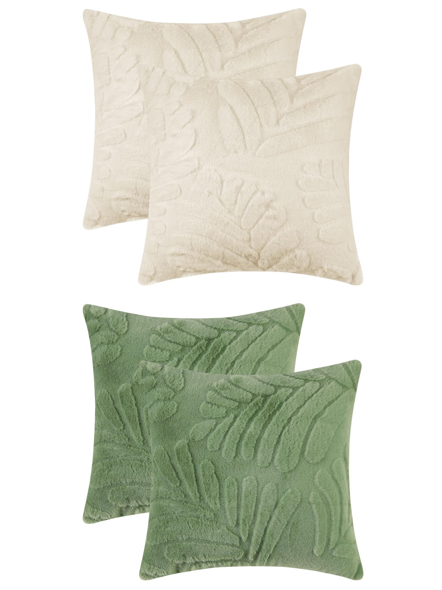 Unique Bargains 4 Pcs Basho Leaf Pattern Cushion Covers Solid Fluffy Plush Pillow Covers Green/Beige 18" x 18"