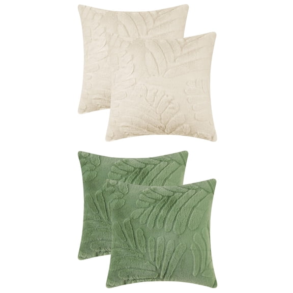 Unique Bargains 4 Pcs Basho Leaf Pattern Cushion Covers Solid Fluffy Plush Pillow Covers Green/Beige 18" x 18"