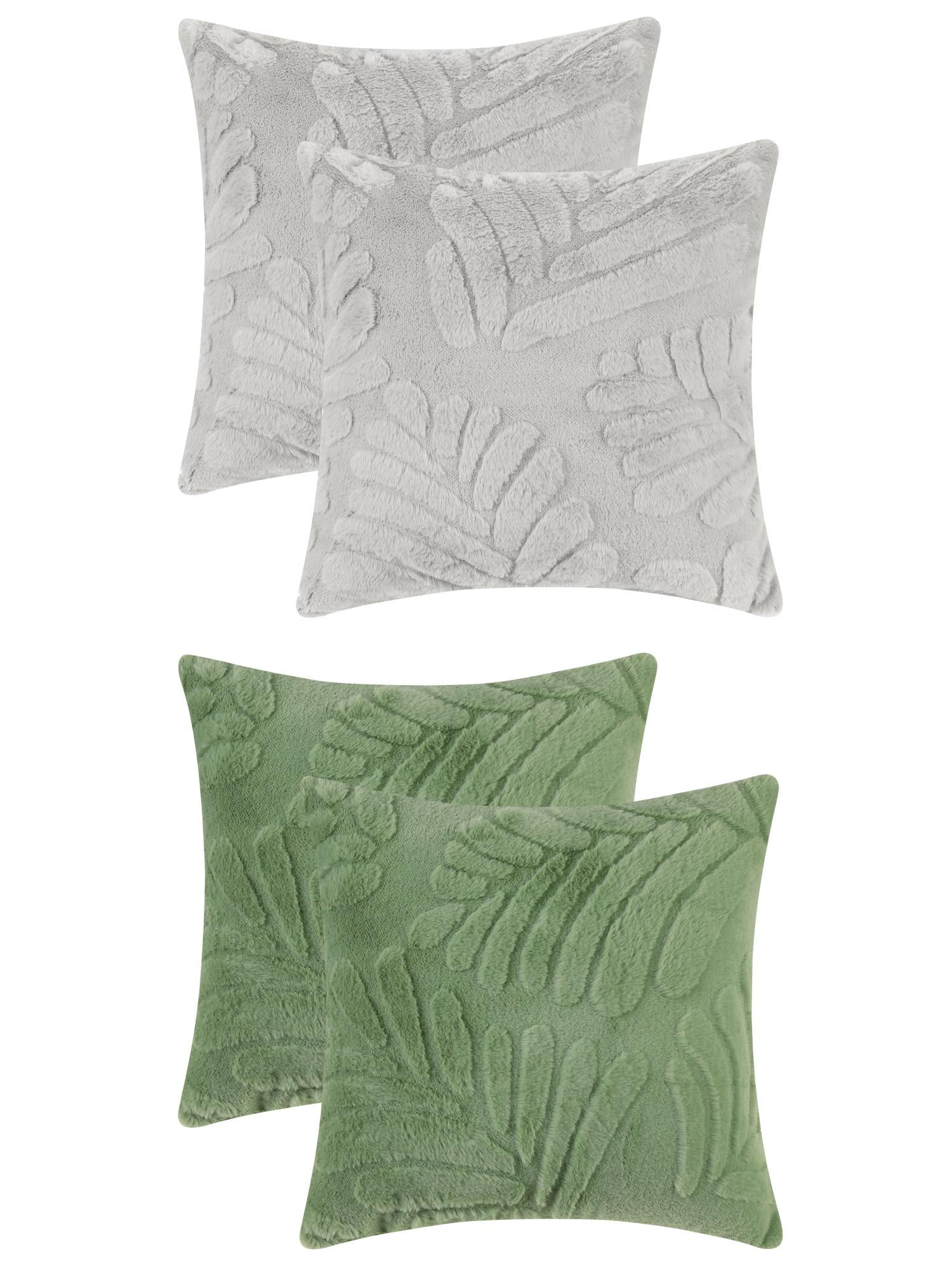 Unique Bargains 4 Pcs Basho Leaf Pattern Cushion Covers Solid Fluffy Plush Pillow Covers Green/Grey 18" x 18"