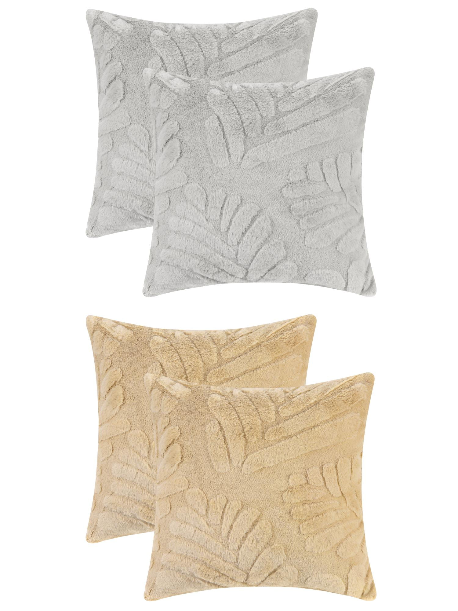 Unique Bargains 4 Pcs Basho Leaf Pattern Cushion Covers Solid Fluffy Plush Pillow Covers Khaki/Grey 18" x 18"