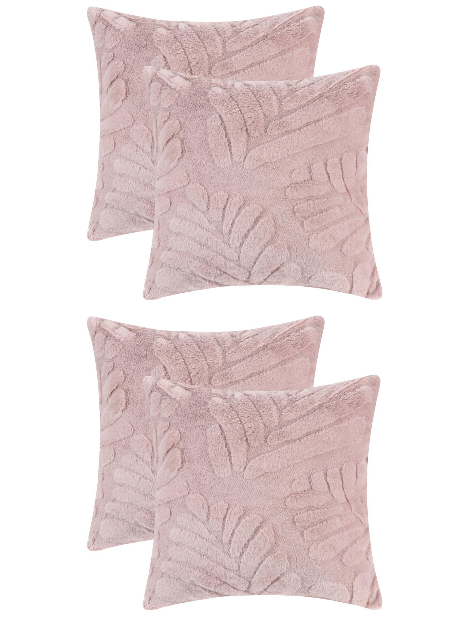 Unique Bargains 4 Pcs Basho Leaf Pattern Cushion Covers Solid Fluffy Plush Pillow Covers Pink 18" x 18"