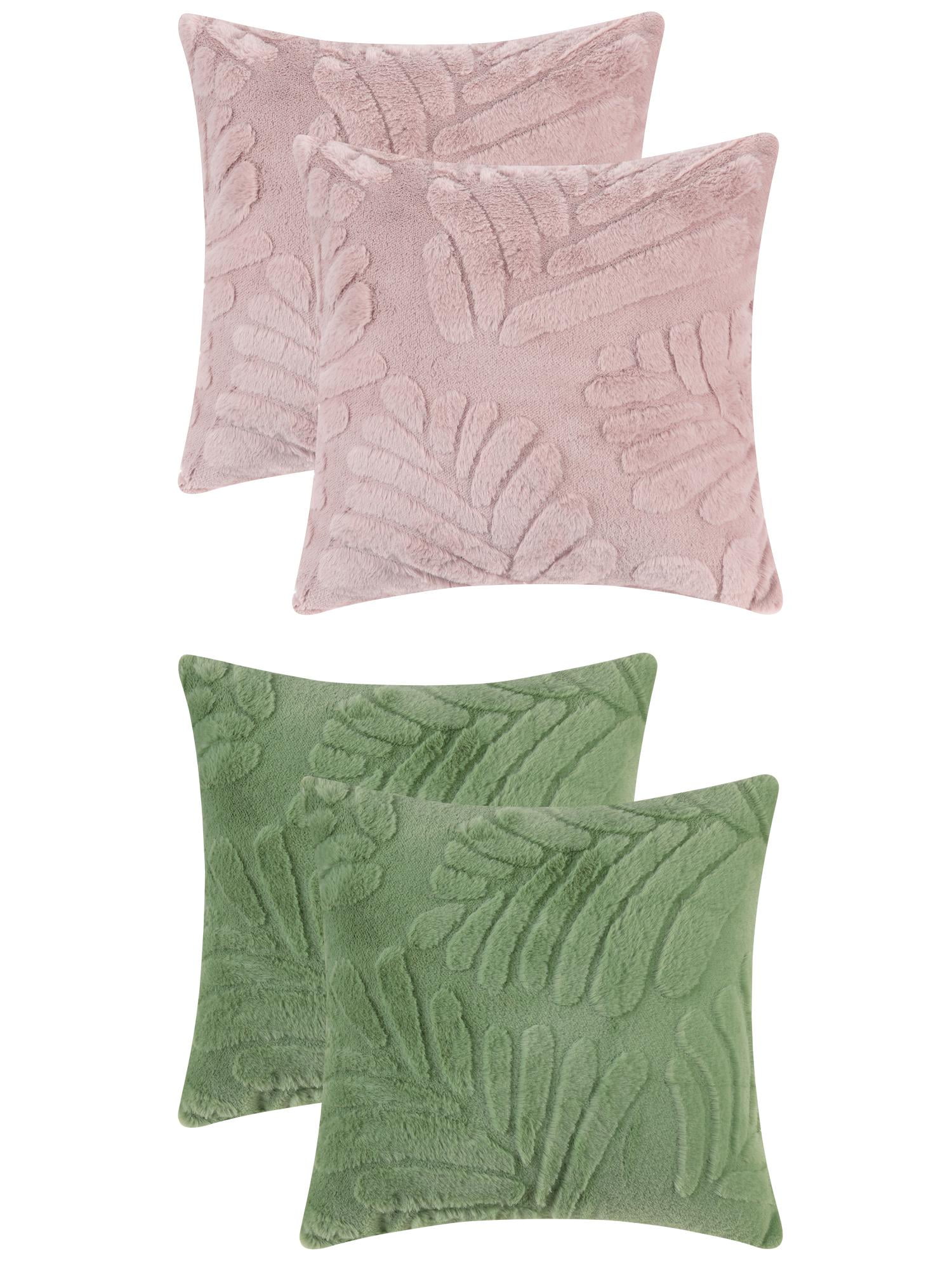Unique Bargains 4 Pcs Basho Leaf Pattern Cushion Covers Solid Fluffy Plush Pillow Covers Pink/Green 18" x 18"