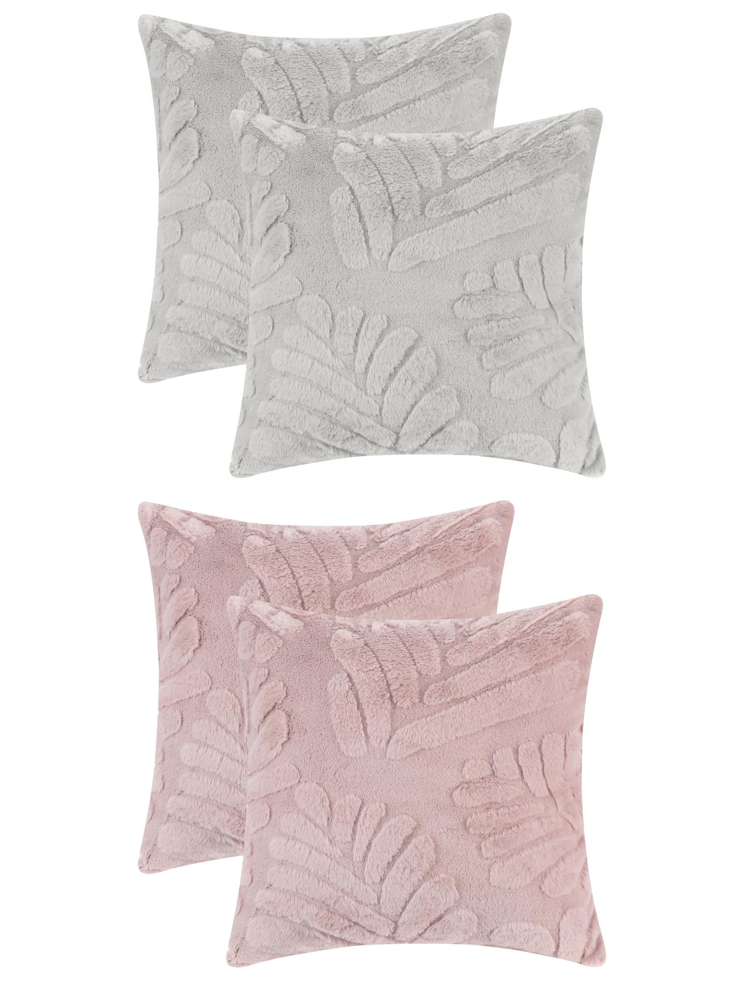 Unique Bargains 4 Pcs Basho Leaf Pattern Cushion Covers Solid Fluffy Plush Pillow Covers Pink/Grey 18" x 18"