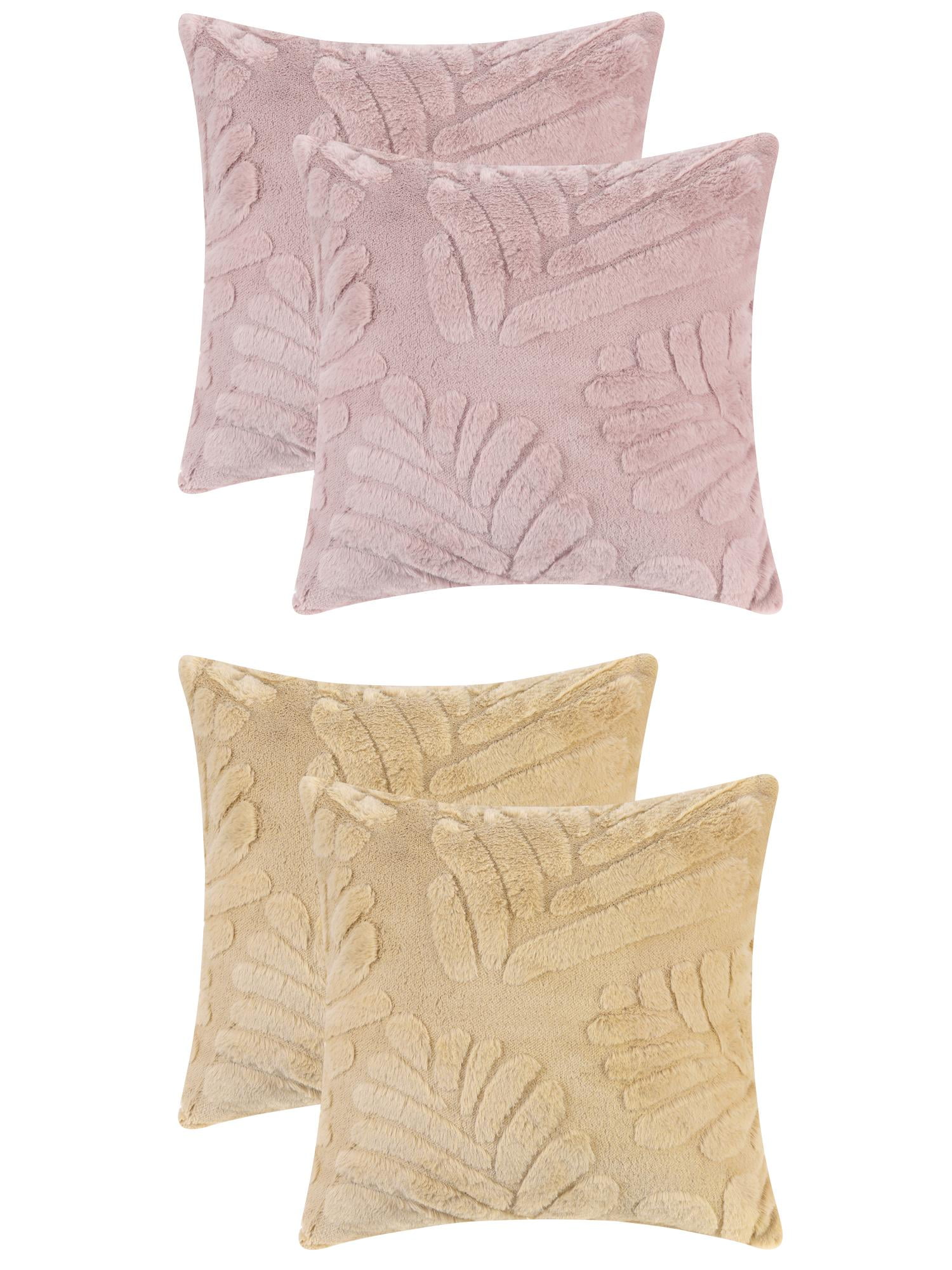 Unique Bargains 4 Pcs Basho Leaf Pattern Cushion Covers Solid Fluffy Plush Pillow Covers Pink/Khaki 18" x 18"