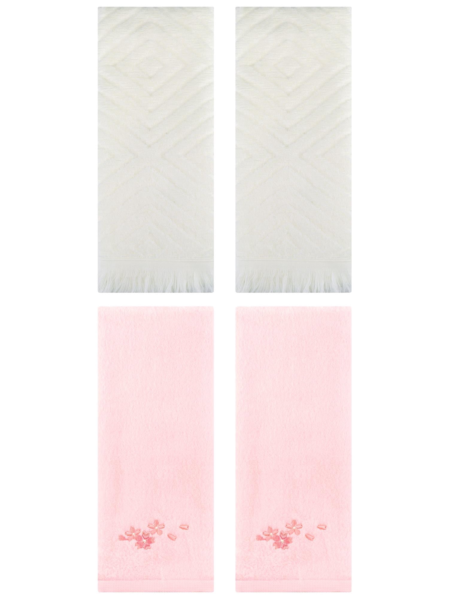 Unique Bargains 4 Pcs Bathroom Cotton Soft Hand Towels 13" x 29" Pink/Beige