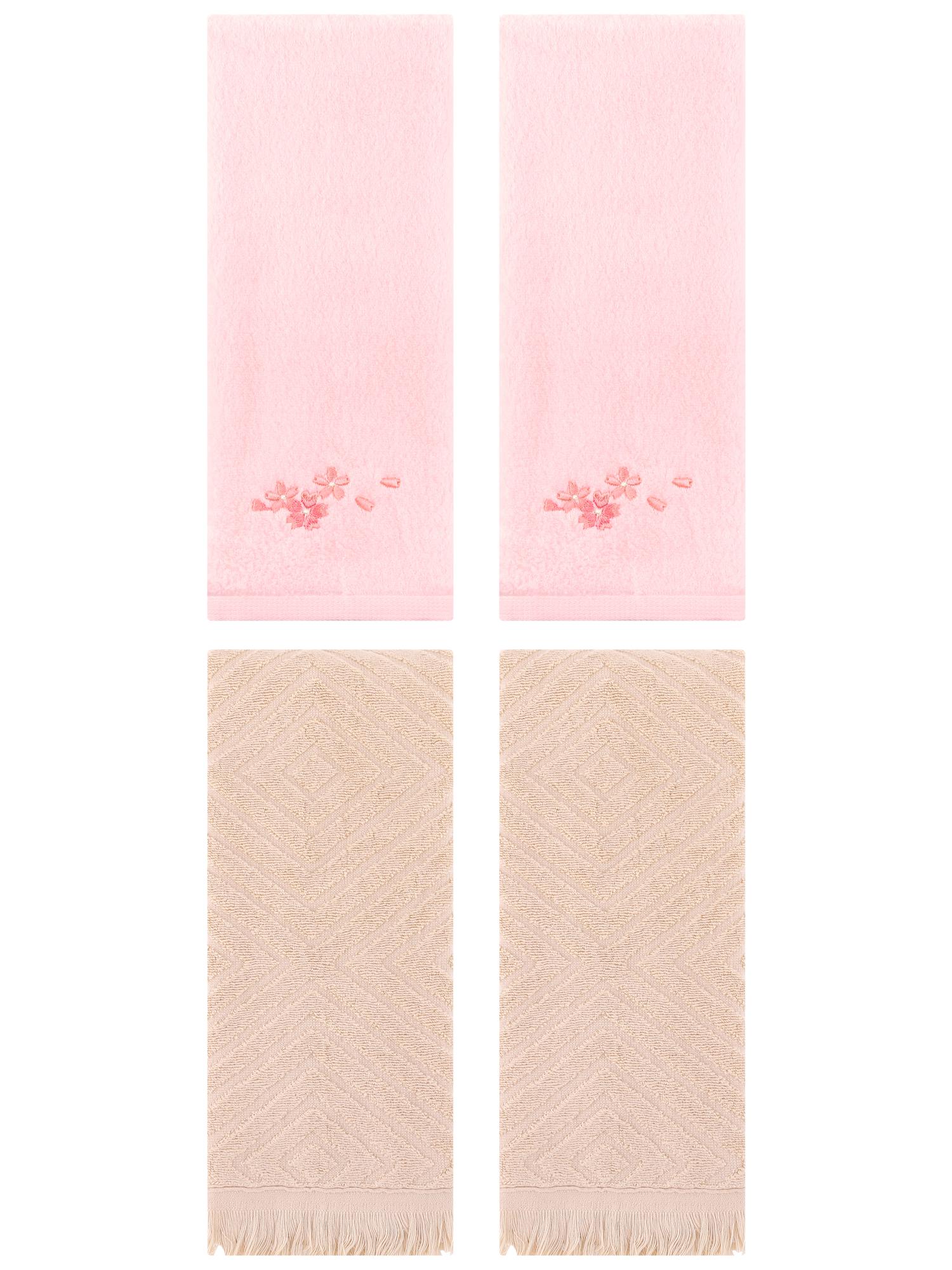 Unique Bargains 4 Pcs Bathroom Cotton Soft Hand Towels 13" x 29" Pink/Brown