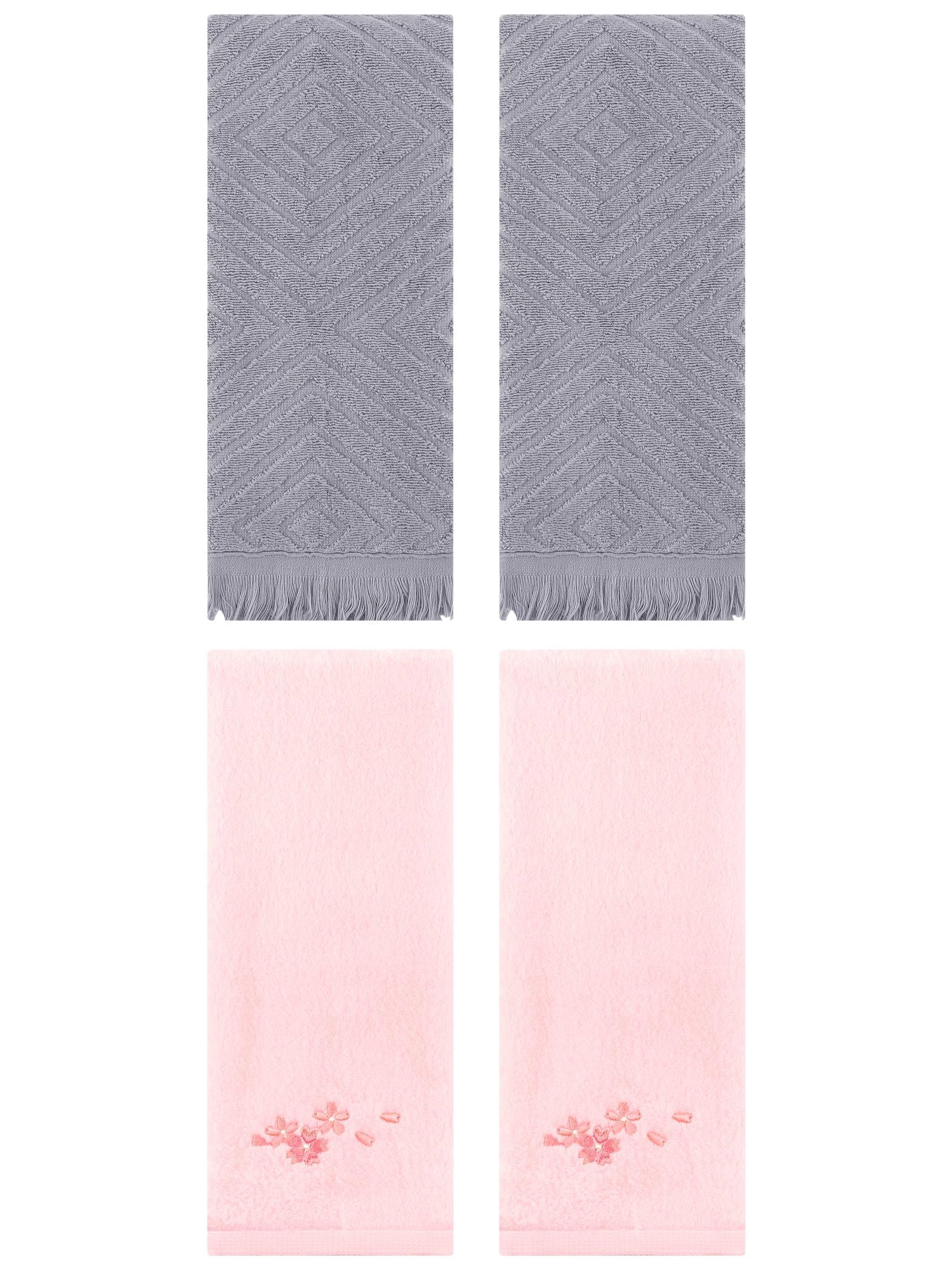 Unique Bargains 4 Pcs Bathroom Cotton Soft Hand Towels 13" x 29" Pink/Grey