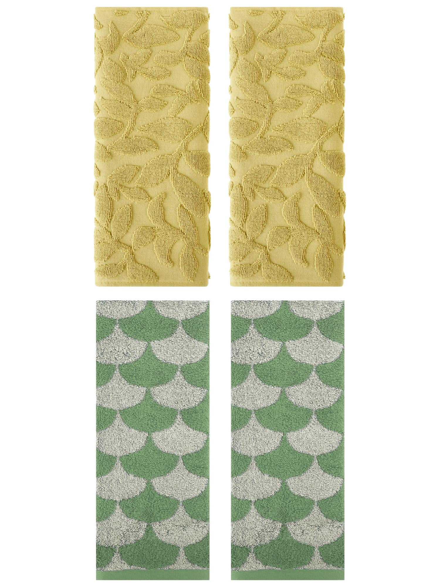 Unique Bargains 4 Pcs Bathroom Geometric Hand Towels Green/Yellow 13" x 29"/14" x 30"
