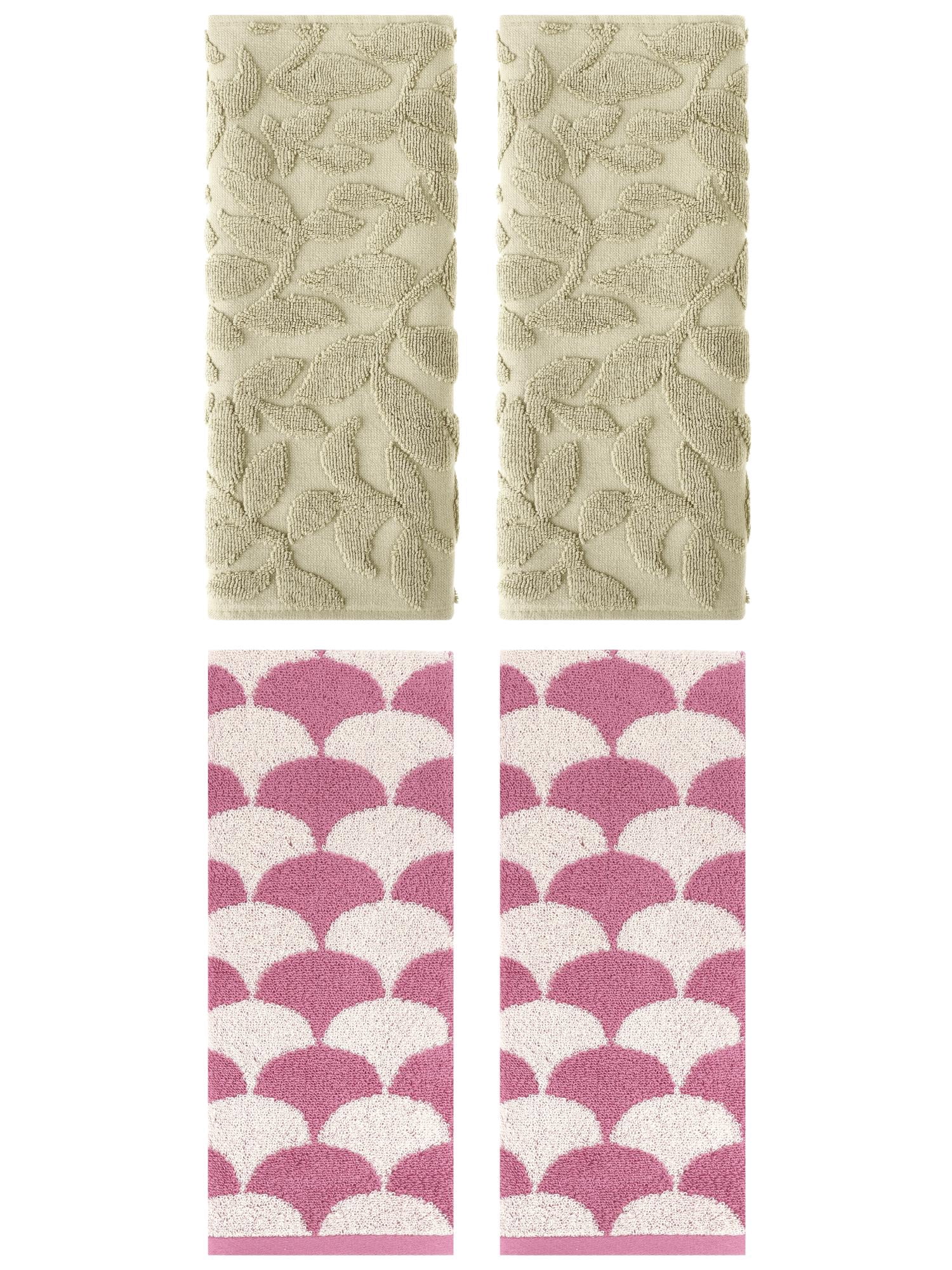 Unique Bargains 4 Pcs Bathroom Geometric Hand Towels Pink/Khaki 13" x 29"/14" x 30"