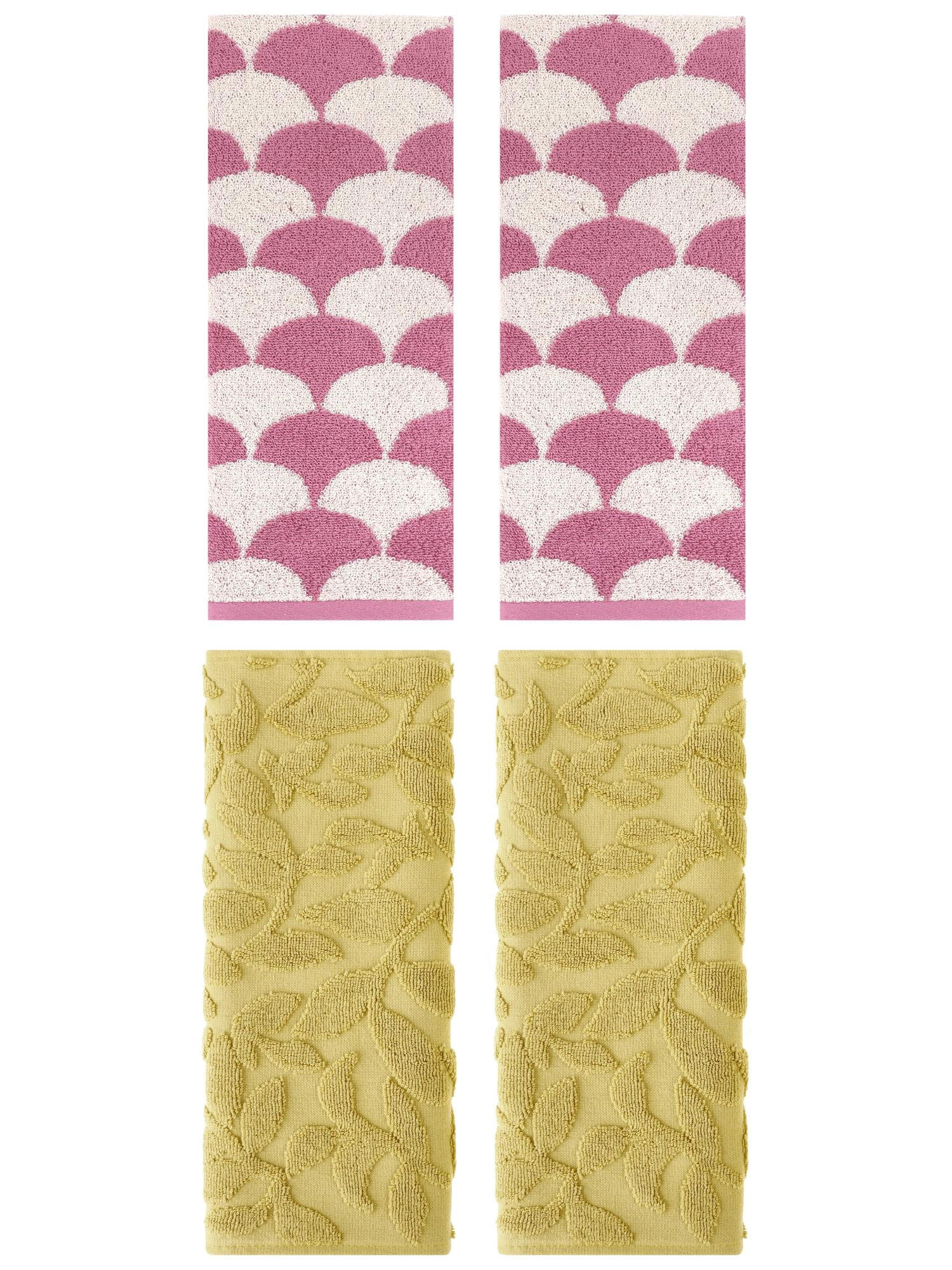 Unique Bargains 4 Pcs Bathroom Geometric Hand Towels Pink/Yellow 13" x 29"/14" x 30"