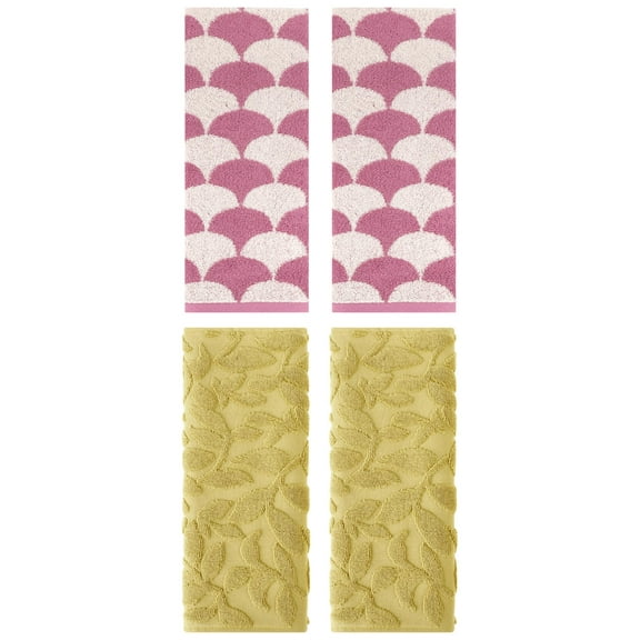 Unique Bargains 4 Pcs Bathroom Geometric Hand Towels Pink/Yellow 13" x 29"/14" x 30"