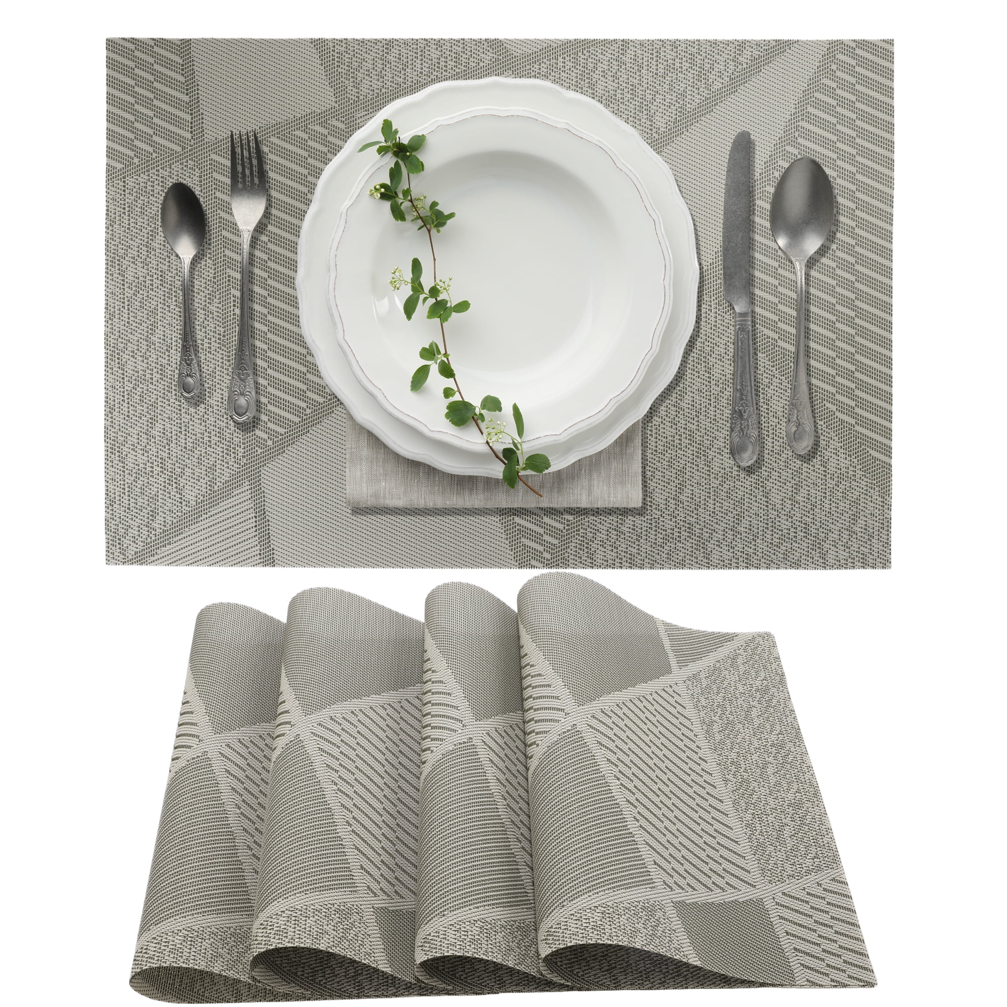 Unique Bargains 4 Pcs Blocks Pattern PET Heat Resistant Washable Placemats Coffee Color