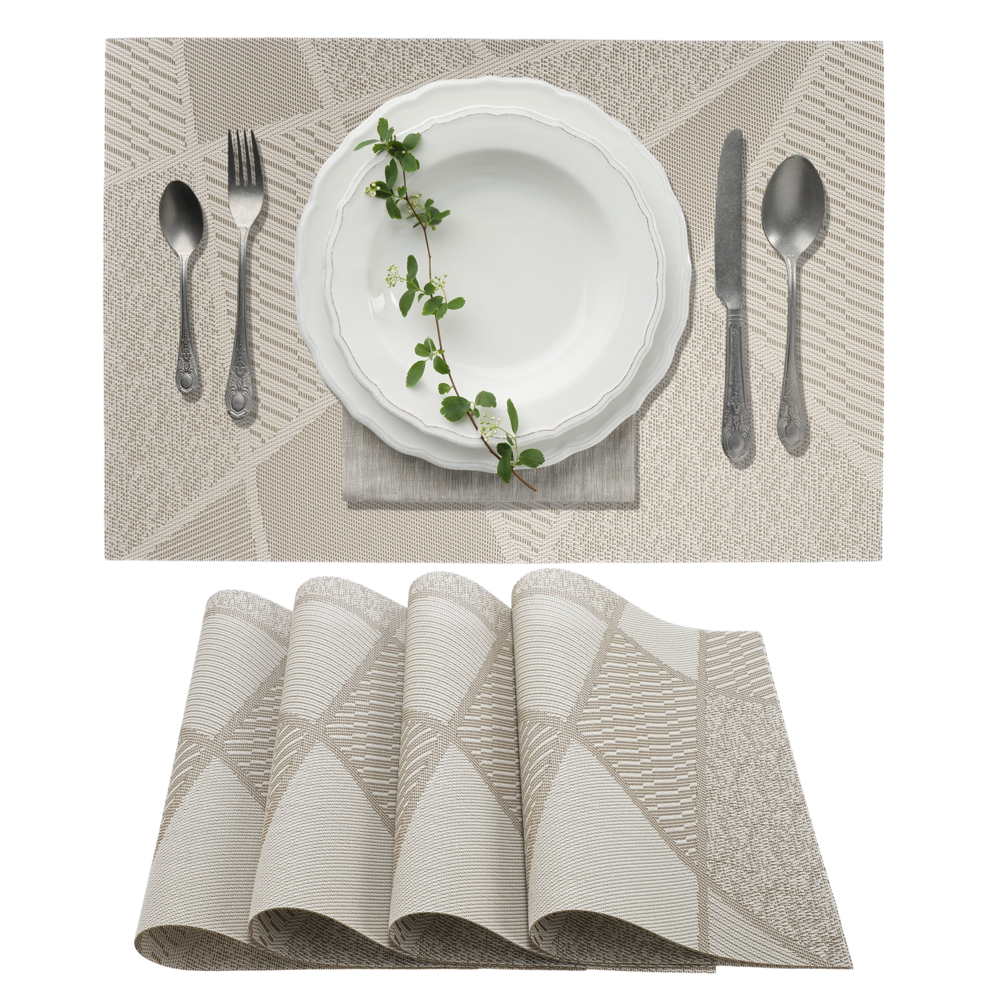 Unique Bargains 4 Pcs Blocks Pattern PET Heat Resistant Washable Placemats Khaki