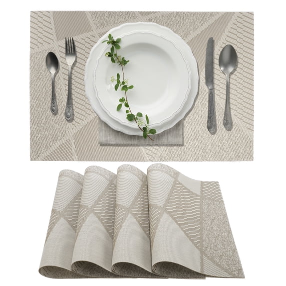 Unique Bargains 4 Pcs Blocks Pattern PET Heat Resistant Washable Placemats Khaki