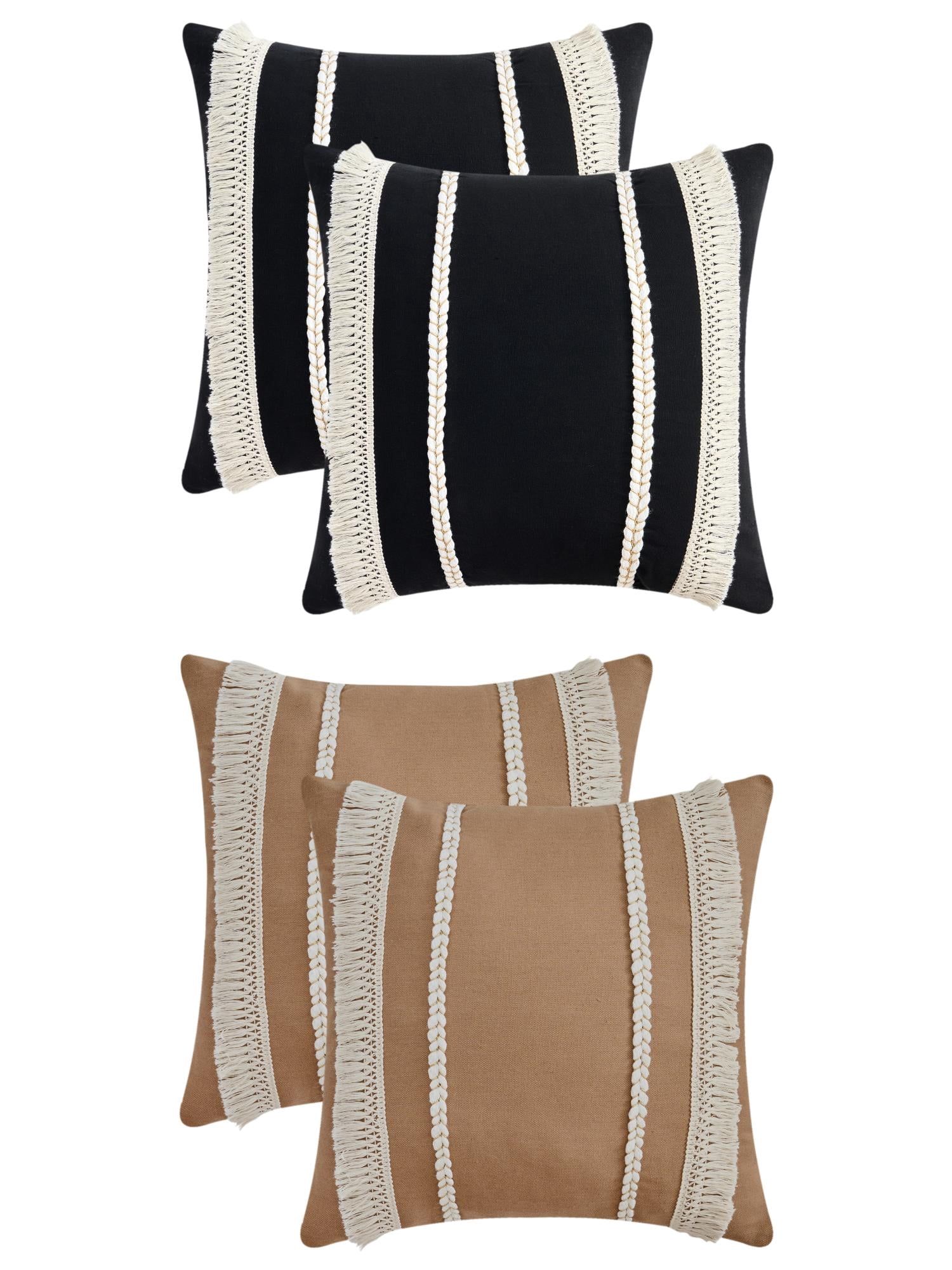 Unique Bargains 4 Pcs Boho Modern Textured Pillow Cover Black/Tan 18" x 18"
