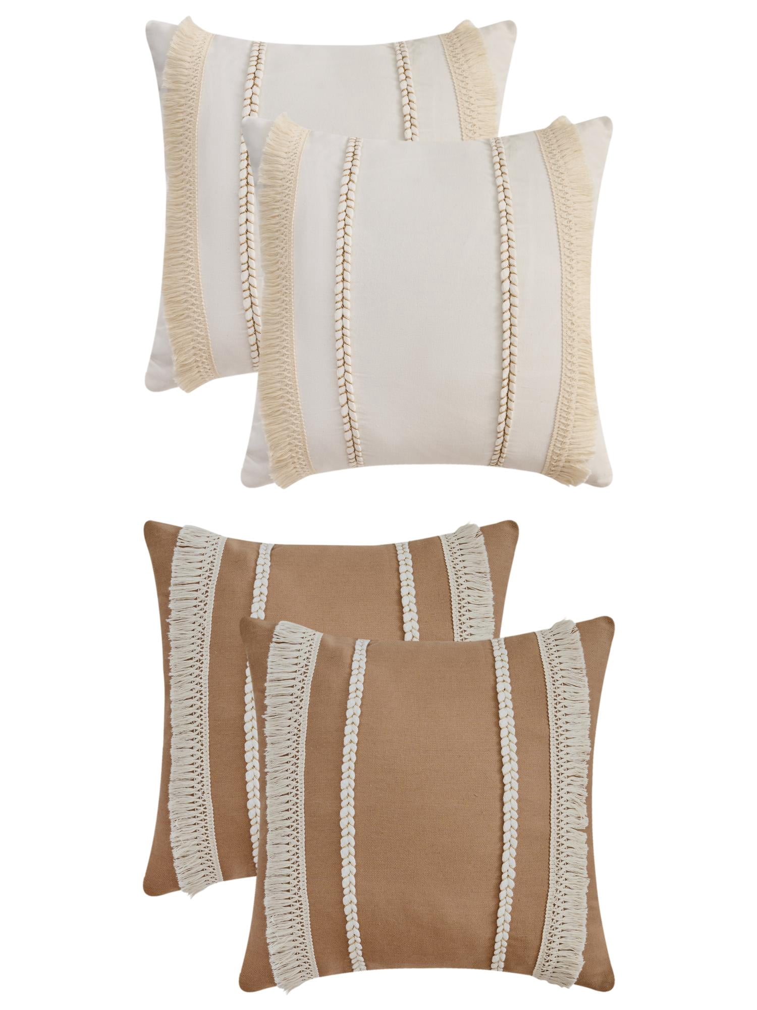 Unique Bargains 4 Pcs Boho Modern Textured Pillow Cover Tan/White 18" x 18"