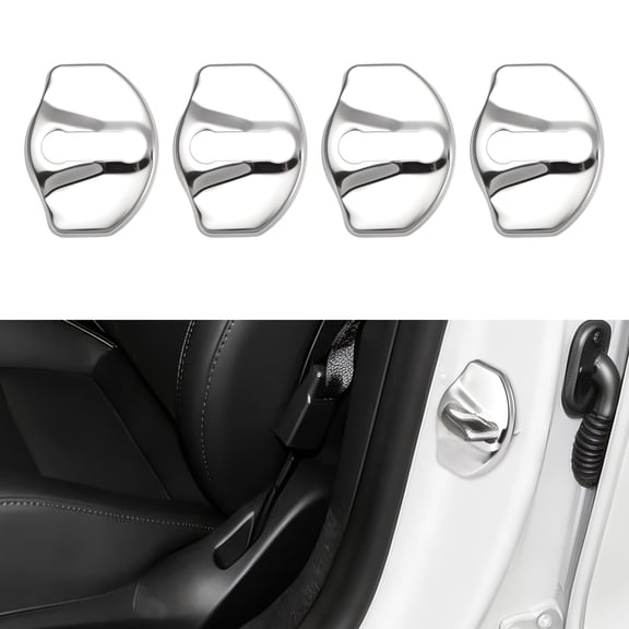 Unique Bargains 4 Pcs Car Door Lock Latches Cover for Tesla Model 3 2016-2024 Door Lock Shock Absorption Protector Exterior Accessories Metal Silver Tone