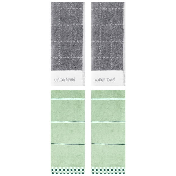 Unique Bargains 4 Pcs Checked Soft Hand Towel 14 x 30 Inch Light Green/Grey