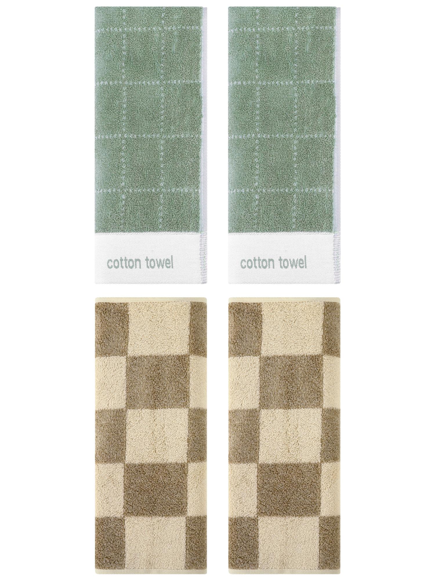 Unique Bargains 4 Pcs Checkered Cotton Hand Towel Brown/Green 14" x 28"/14" x 30"