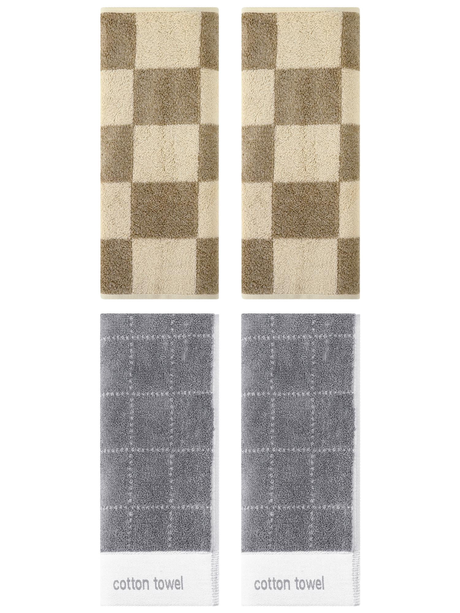Unique Bargains 4 Pcs Checkered Cotton Hand Towel Brown/Grey 14" x 28"/14" x 30"