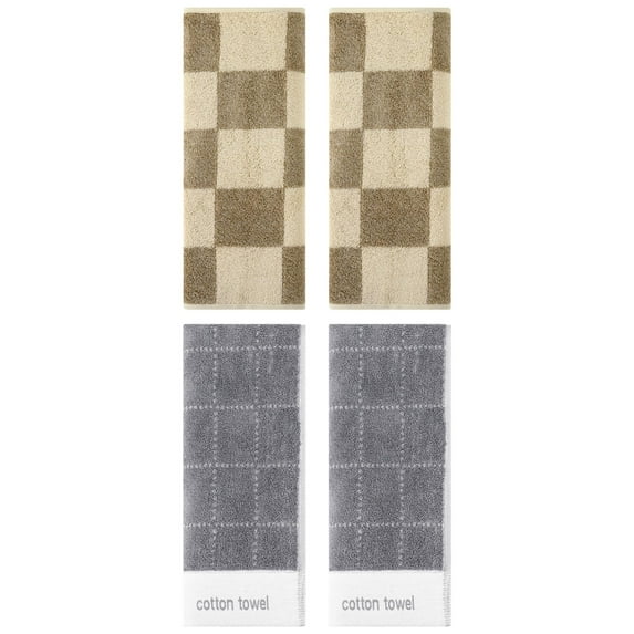 Unique Bargains 4 Pcs Checkered Cotton Hand Towel Brown/Grey 14" x 28"/14" x 30"