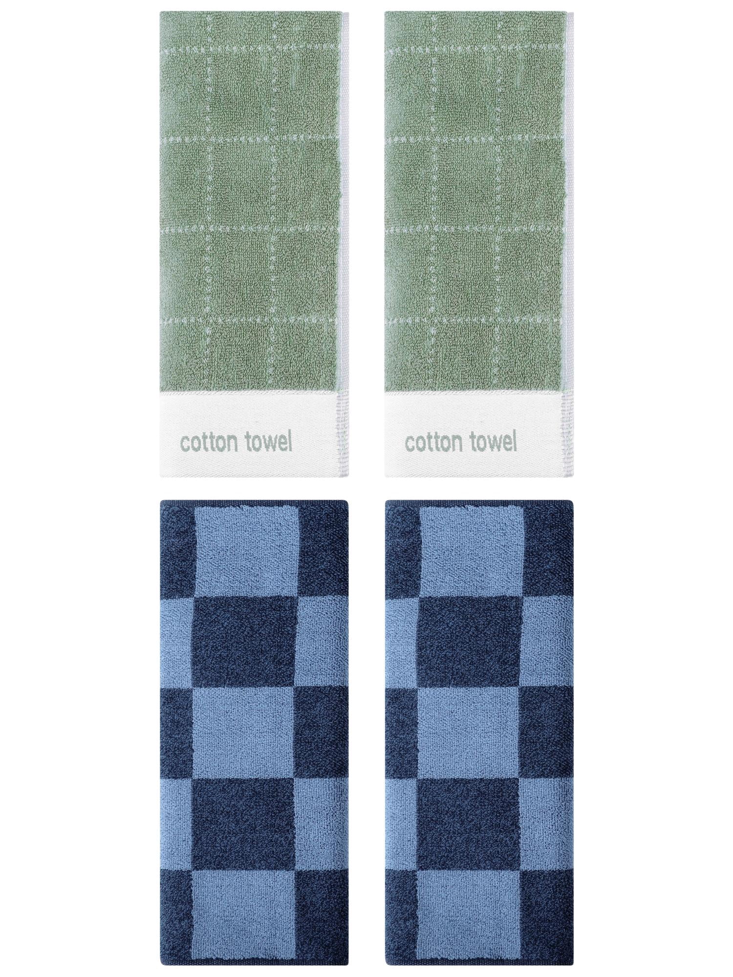 Unique Bargains 4 Pcs Checkered Cotton Hand Towel Dark Blue/Green 14" x 28"/14" x 30"