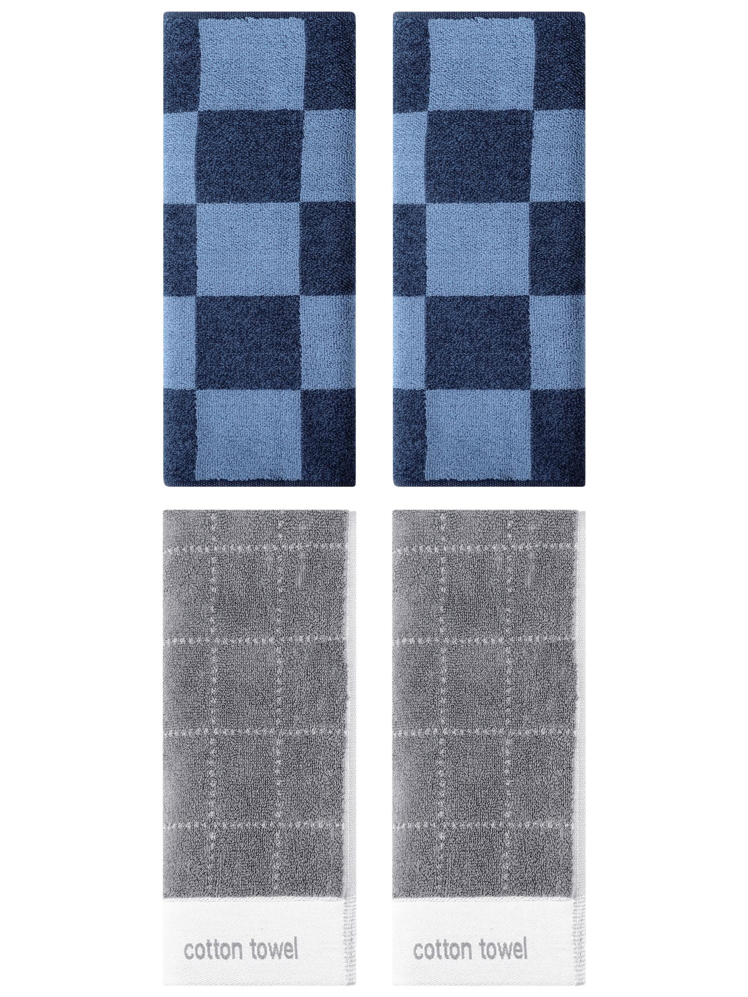 Unique Bargains 4 Pcs Checkered Cotton Hand Towel Dark Blue/Grey 14" x 28"/14" x 30"