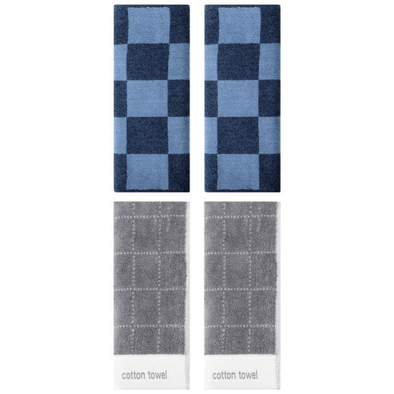 Unique Bargains 4 Pcs Checkered Cotton Hand Towel Dark Blue/Grey 14" x 28"/14" x 30"