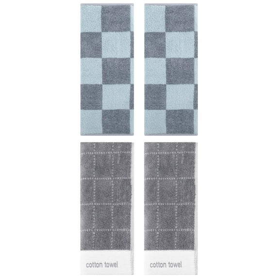 Unique Bargains 4 Pcs Checkered Cotton Hand Towel Grey 14" x 28"/14" x 30"