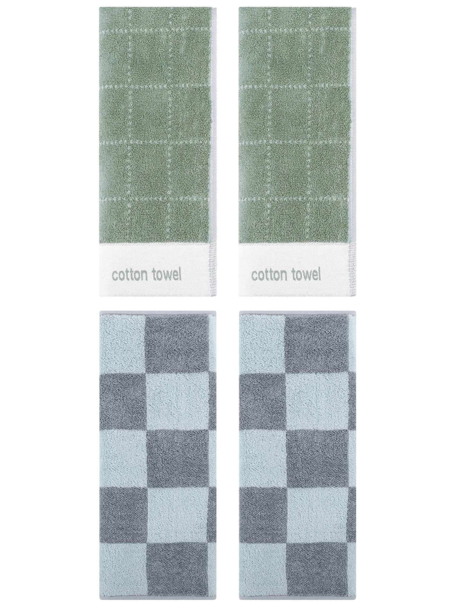 Unique Bargains 4 Pcs Checkered Cotton Hand Towel Grey/Green 14" x 28"/14" x 30"