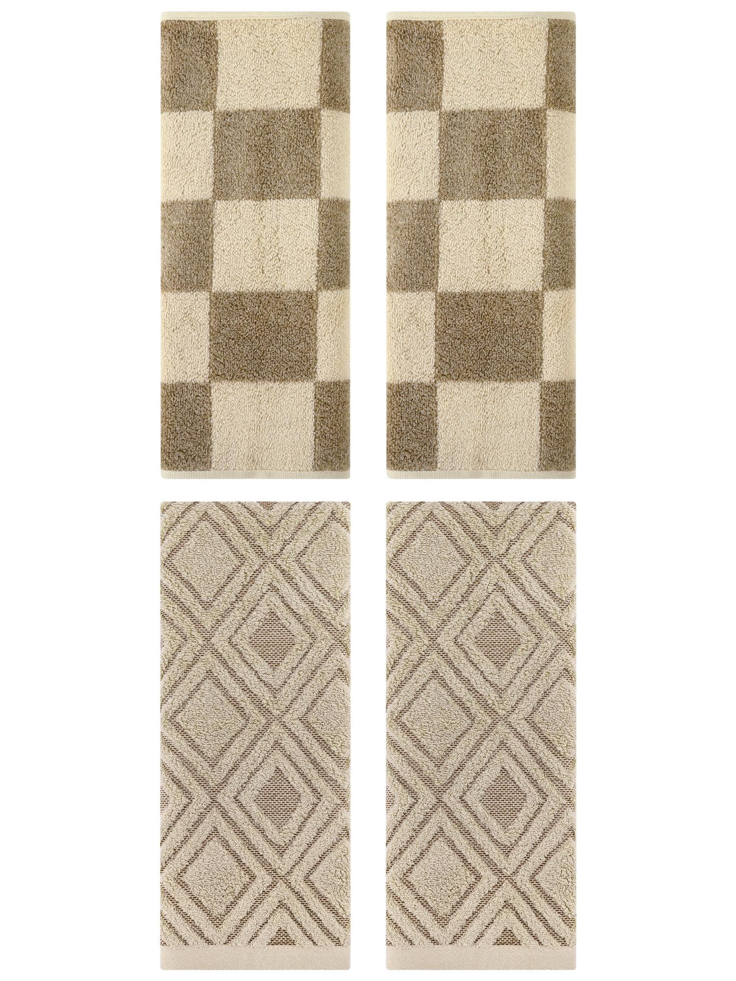 Unique Bargains 4 Pcs Checkered Cotton Hand Towel Set Brown 14" x 28"/13" x 29"