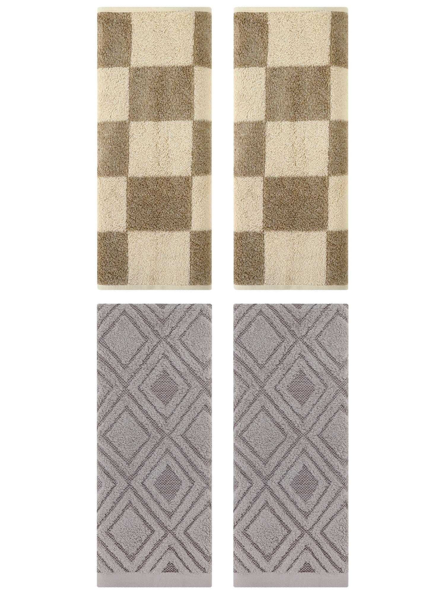 Unique Bargains 4 Pcs Checkered Cotton Hand Towel Set Brown/Grey 14" x 28"/13" x 29"