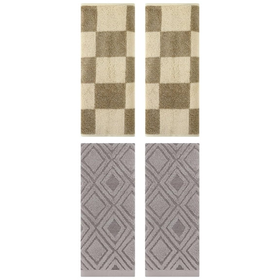 Unique Bargains 4 Pcs Checkered Cotton Hand Towel Set Brown/Grey 14" x 28"/13" x 29"