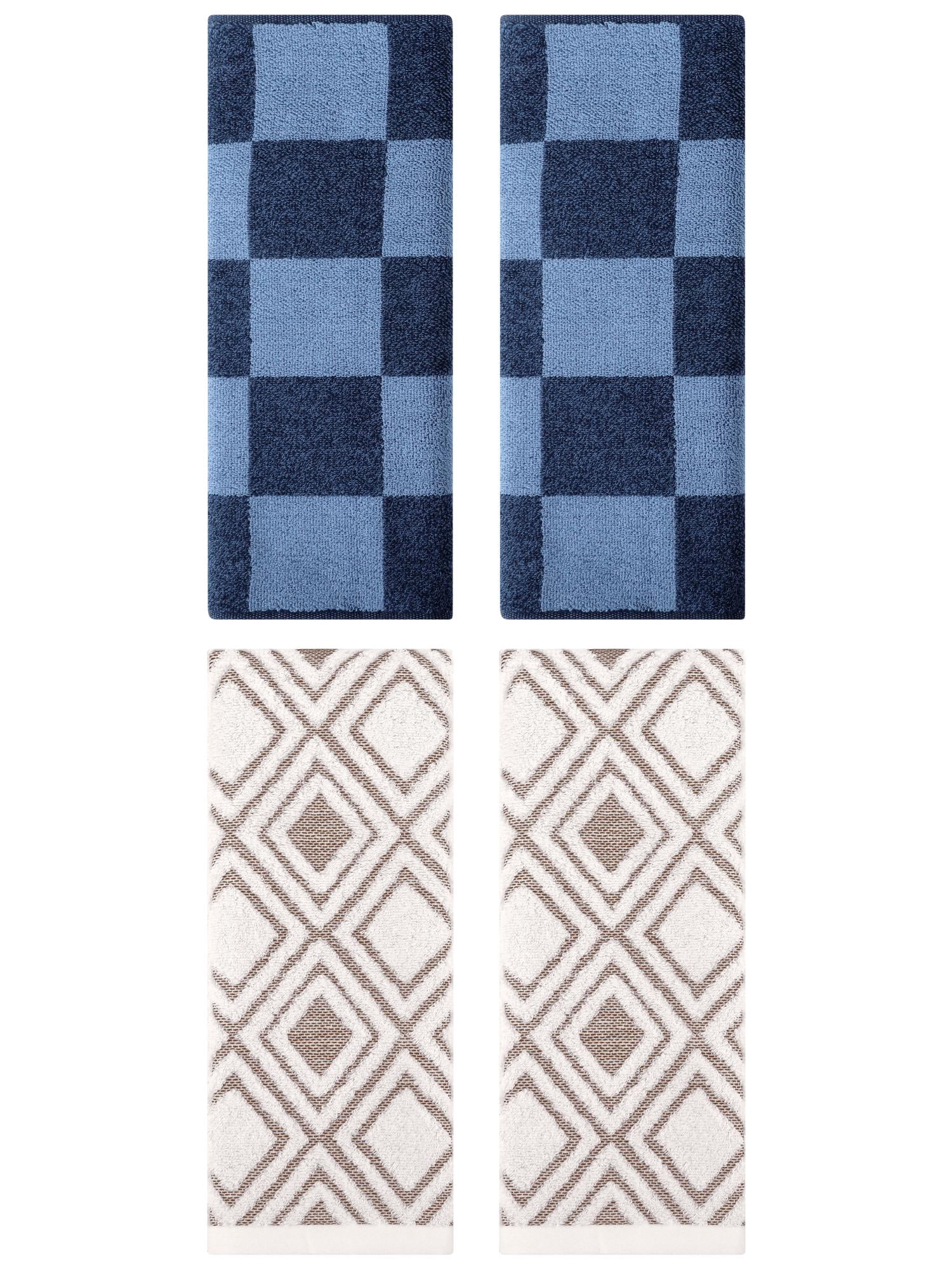 Unique Bargains 4 Pcs Checkered Cotton Hand Towel Set Dark Blue/Beige 14" x 28"/13" x 29"