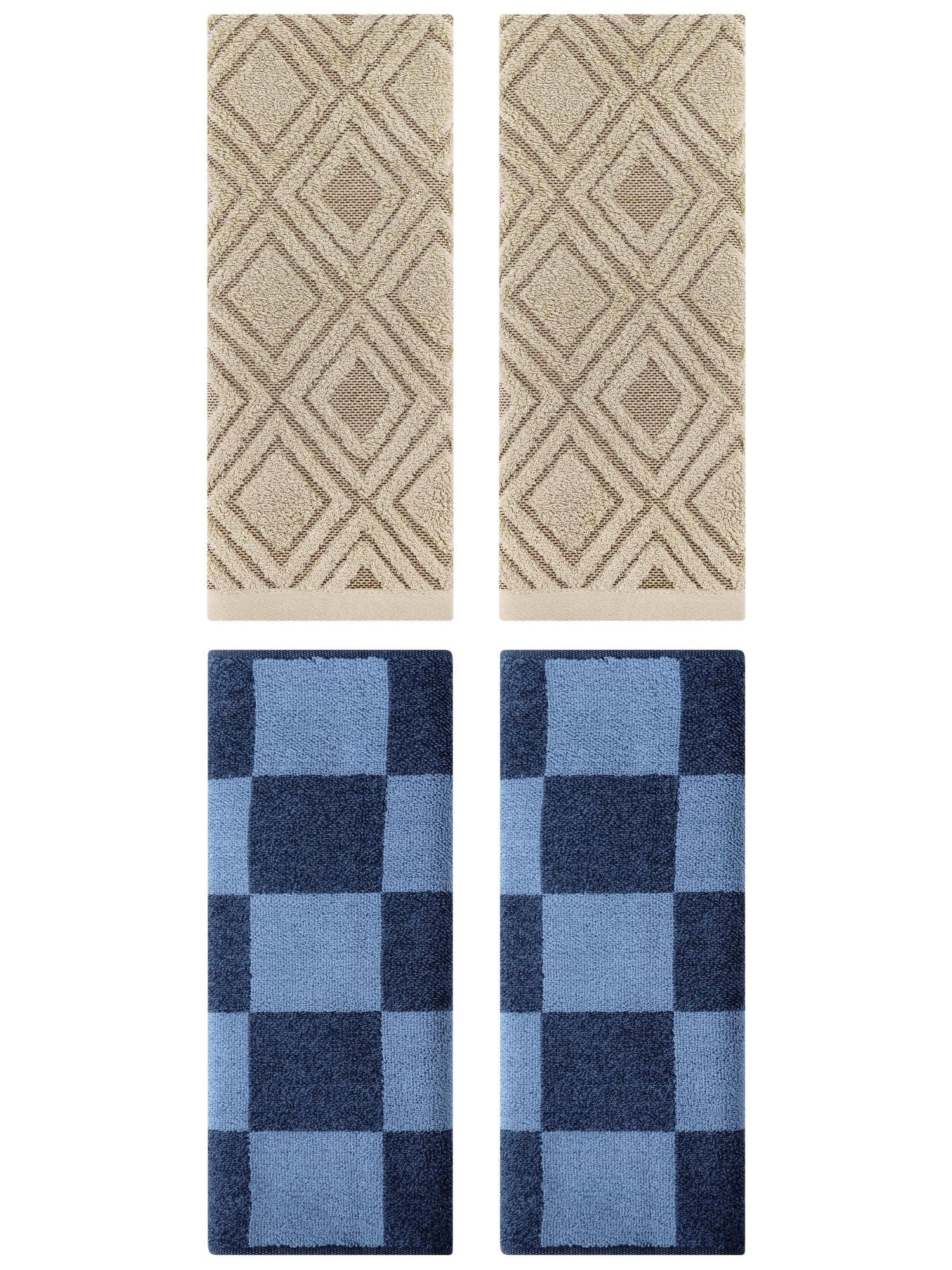 Unique Bargains 4 Pcs Checkered Cotton Hand Towel Set Dark Blue/Brown 14" x 28"/13" x 29"