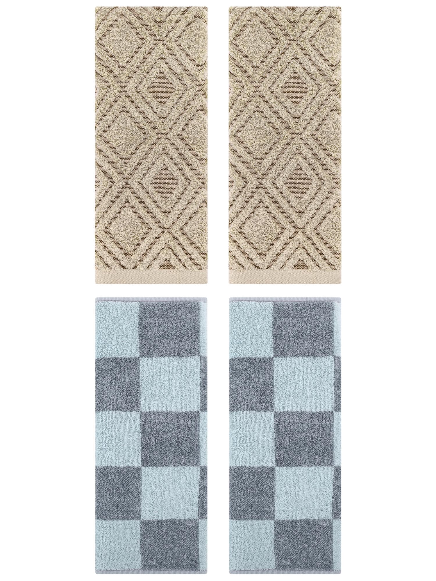 Unique Bargains 4 Pcs Checkered Cotton Hand Towel Set Grey/Brown 14" x 28"/13" x 29"
