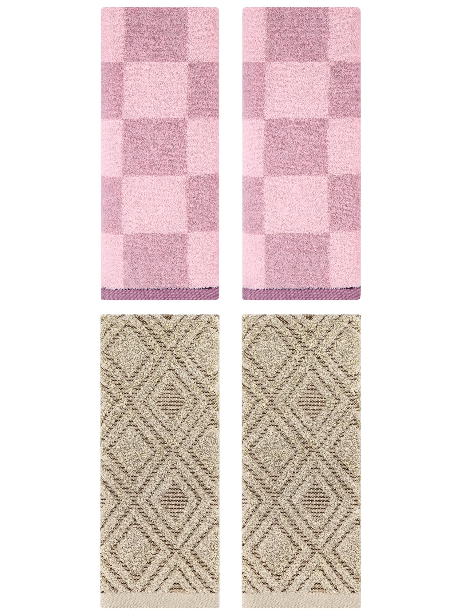 Unique Bargains 4 Pcs Checkered Cotton Hand Towel Set Purple/Brown 14" x 28"/13" x 29"