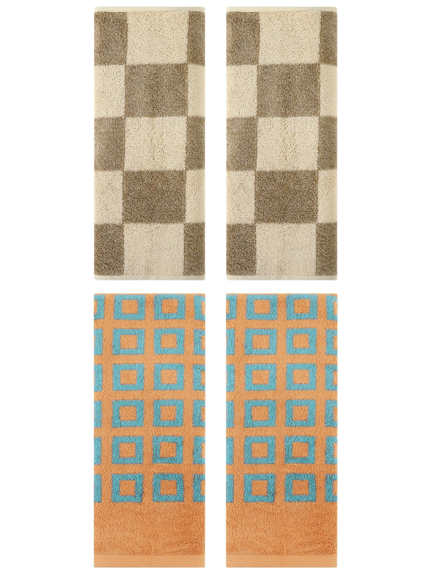 Unique Bargains 4 Pcs Checkered Decorative Hand Towels Brown 14" x 28"/13" x 28"