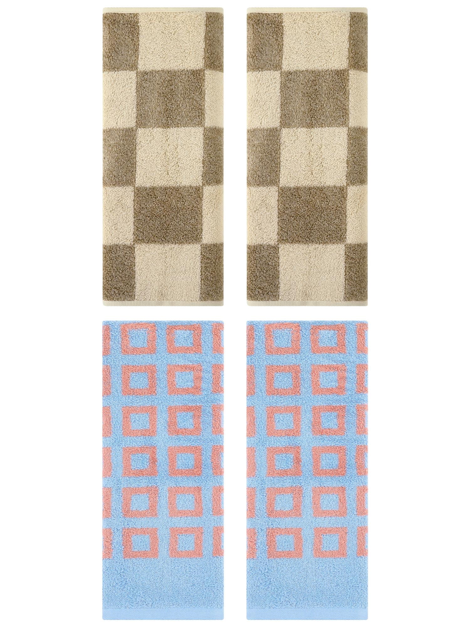 Unique Bargains 4 Pcs Checkered Decorative Hand Towels Brown/Blue 14" x 28"/13" x 28"
