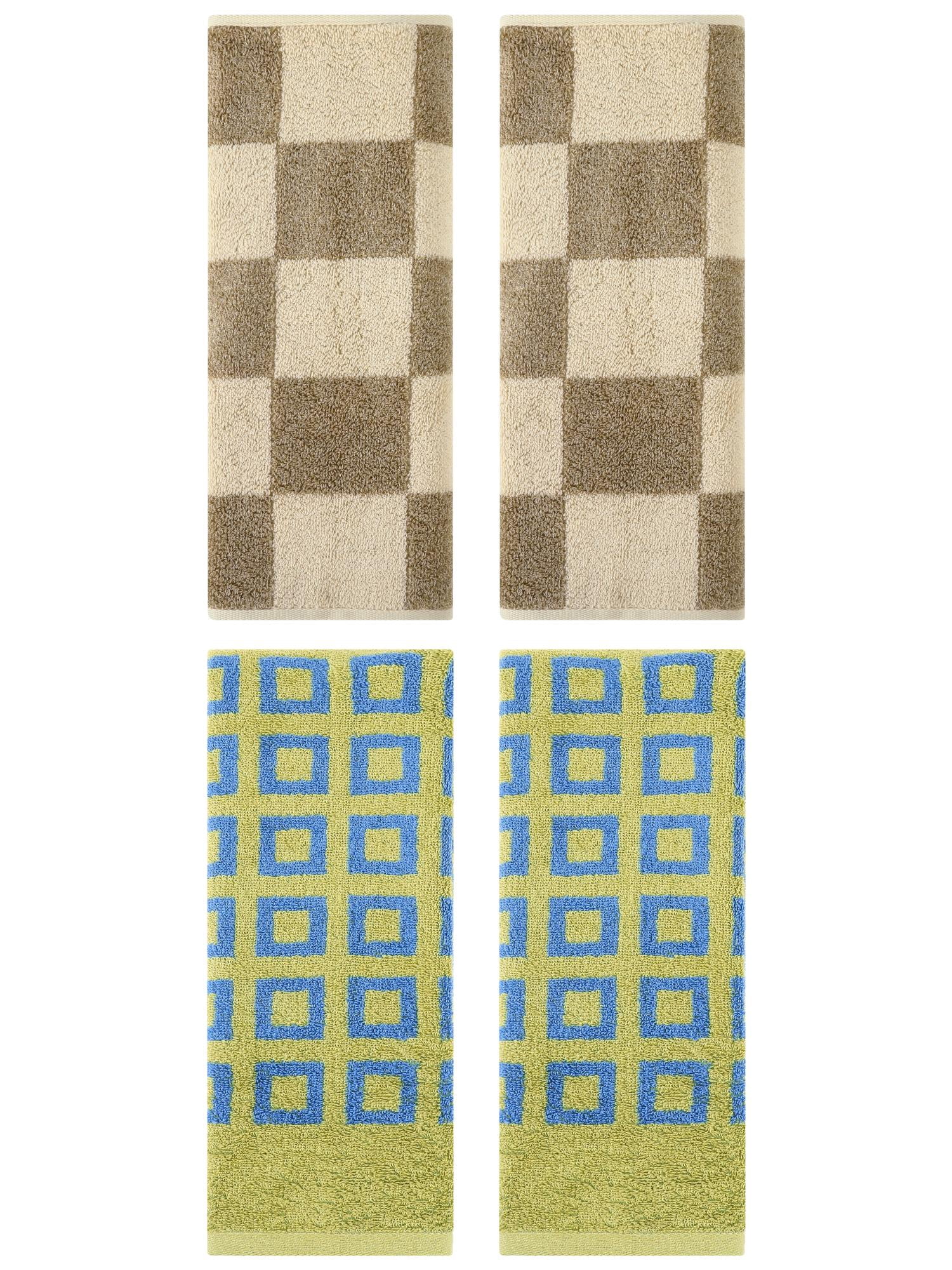 Unique Bargains 4 Pcs Checkered Decorative Hand Towels Brown/Green 14" x 28"/13" x 28"