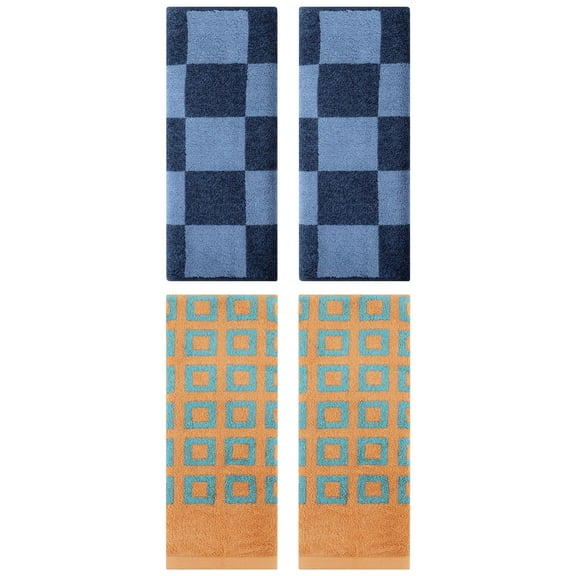 Unique Bargains 4 Pcs Checkered Decorative Hand Towels Dark Blue/Brown 14" x 28"/13" x 28"