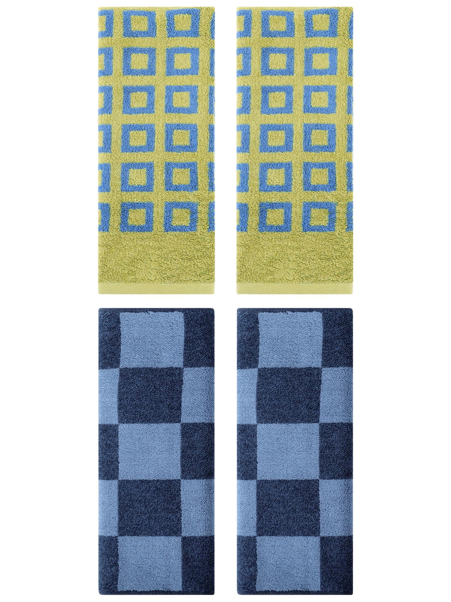Unique Bargains 4 Pcs Checkered Decorative Hand Towels Dark Blue/Green 14" x 28"/13" x 28"