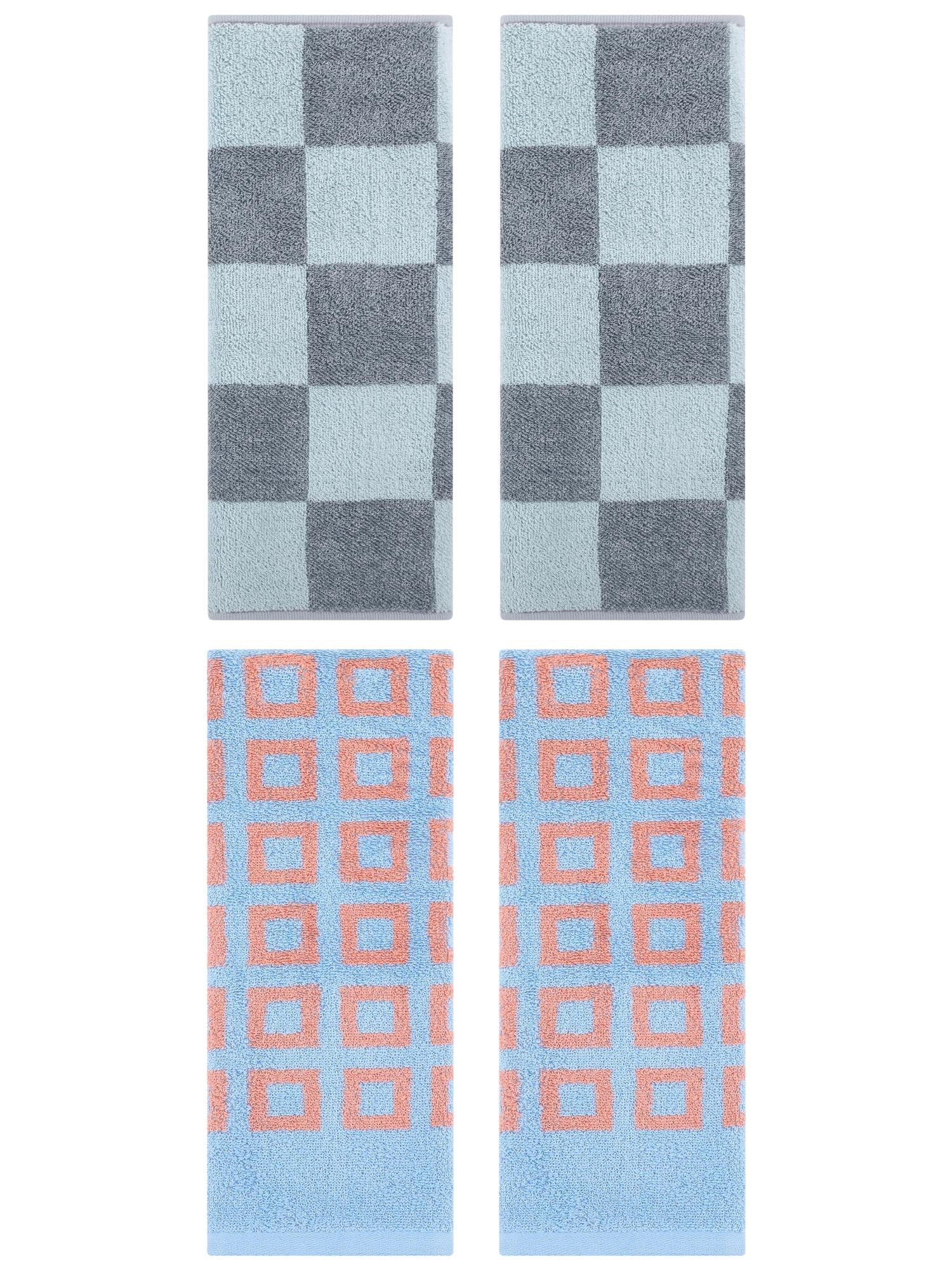 Unique Bargains 4 Pcs Checkered Decorative Hand Towels Grey/Blue 14" x 28"/13" x 28"