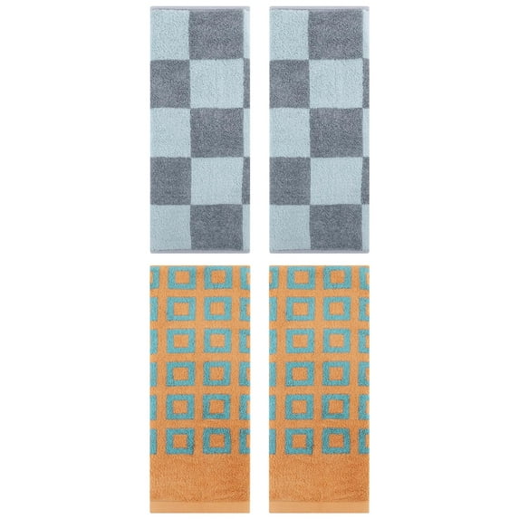 Unique Bargains 4 Pcs Checkered Decorative Hand Towels Grey/Brown 14" x 28"/13" x 28"