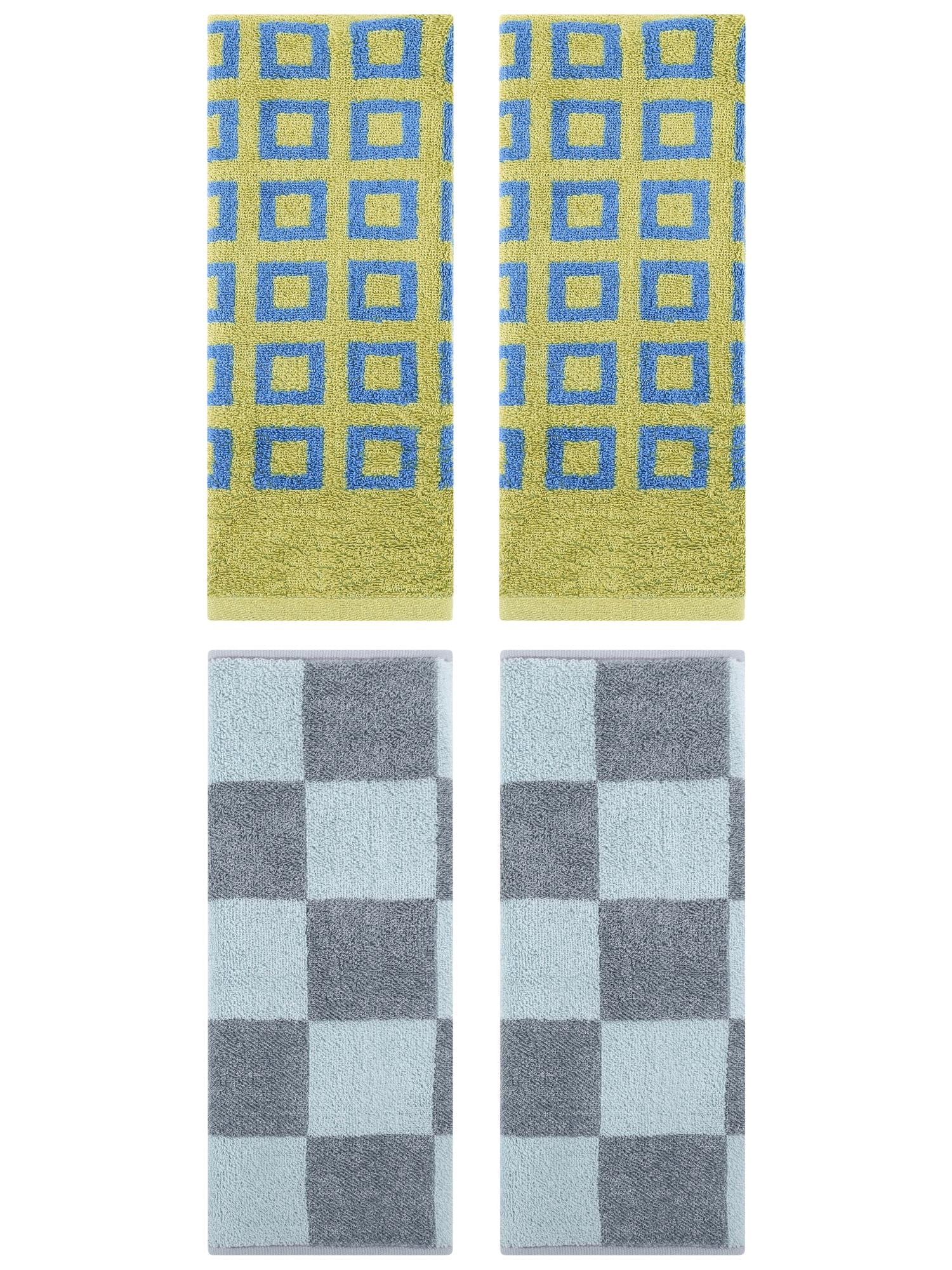 Unique Bargains 4 Pcs Checkered Decorative Hand Towels Grey/Green 14" x 28"/13" x 28"
