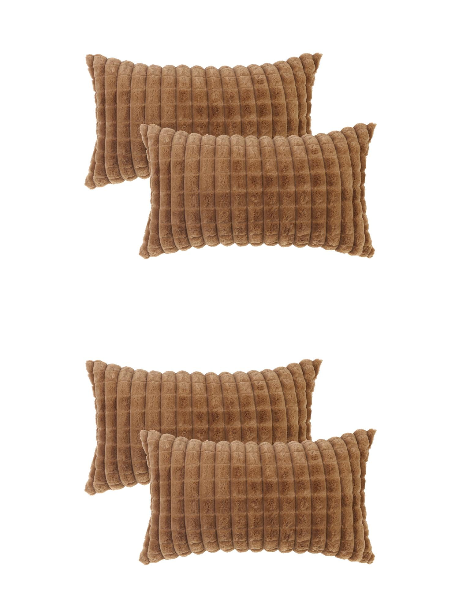 Unique Bargains 4 Pcs Checkered Faux Fur Plush Throw Pillow Covers Home Decor Pillowcases Brown 12" x 20"
