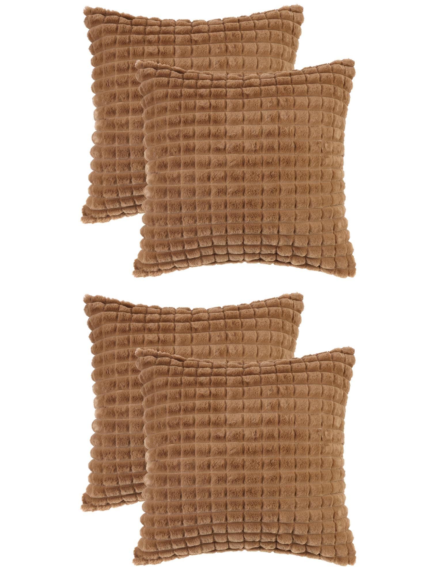 Unique Bargains 4 Pcs Checkered Faux Fur Plush Throw Pillow Covers Home Decor Pillowcases Brown 20" x 20"